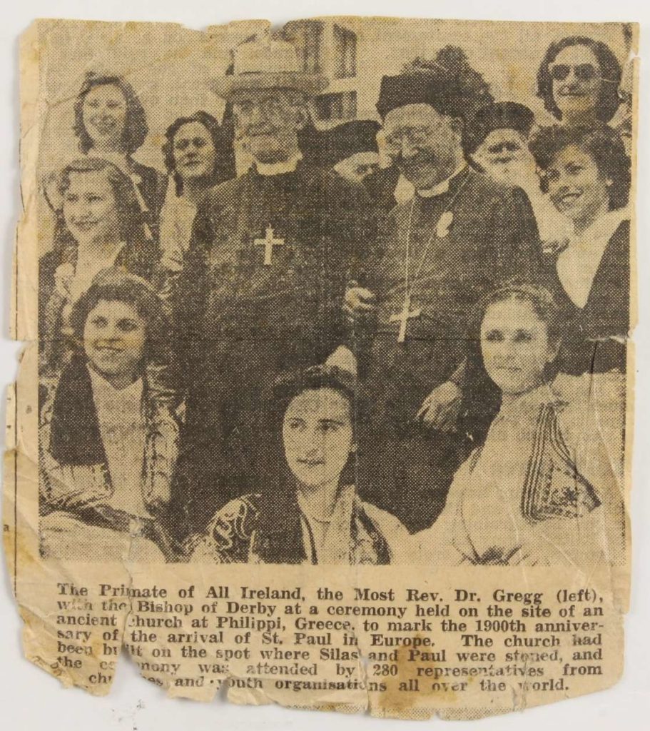 Newspaper cutting on Archbishop Gregg's visit to the site of an ancient church in Philippi, Greece