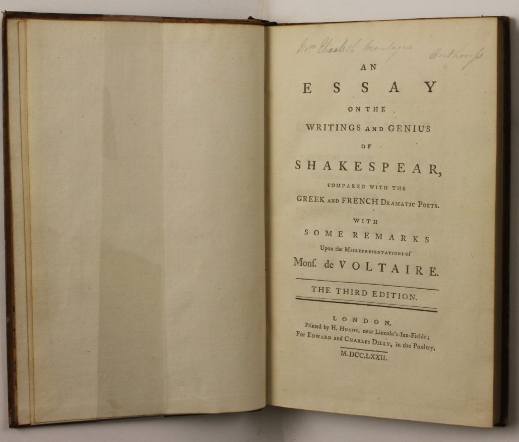 An Essay on the Writings and Genius of Shakespear [sic], Compared with the Greek and French Dramatic Poets. With Some Remarks Upon the Misrepresentations of Mons. de Voltaire, title page