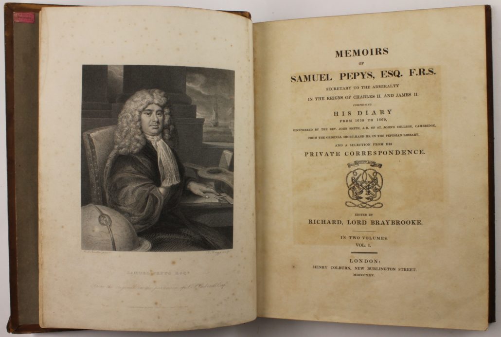 Title page of Memoirs of Samuel Pepys. Comprising His Diary From 1659 to 1669, Deciphered By the Rev. J. Smith, from the Original Short-Hand Ms. In the Pepysian Library, and A Selection From His Private Correspondence