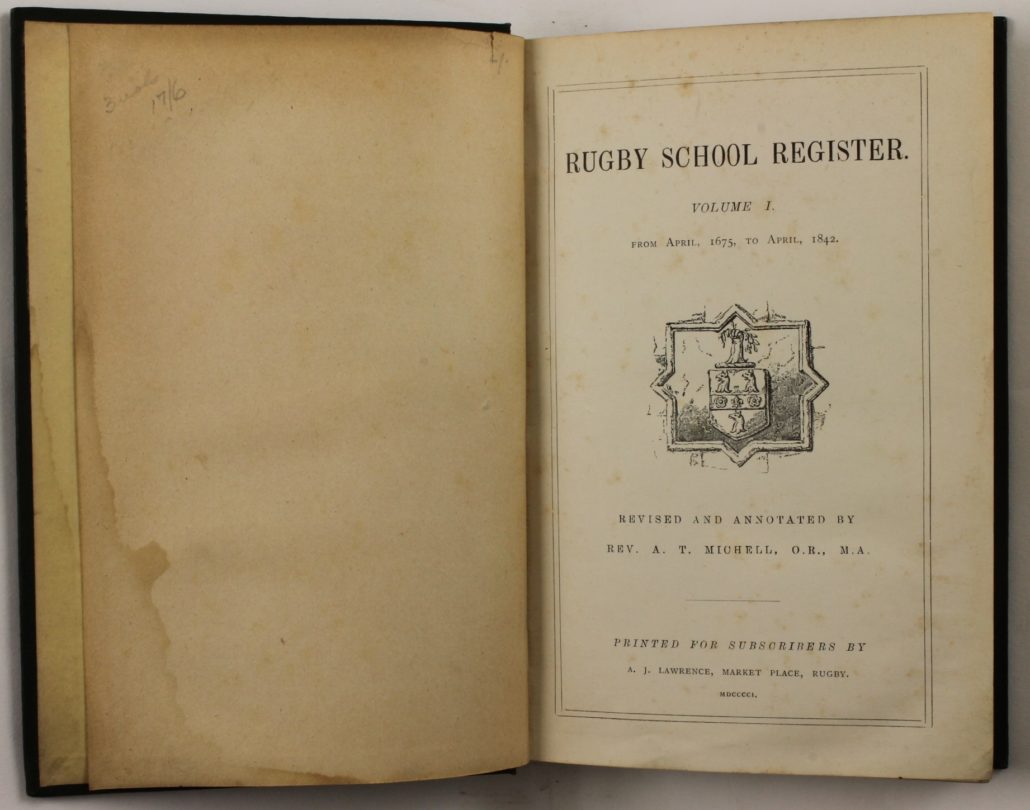 Title page Rugby School Register, Volume I, From April 1675, to April 1842