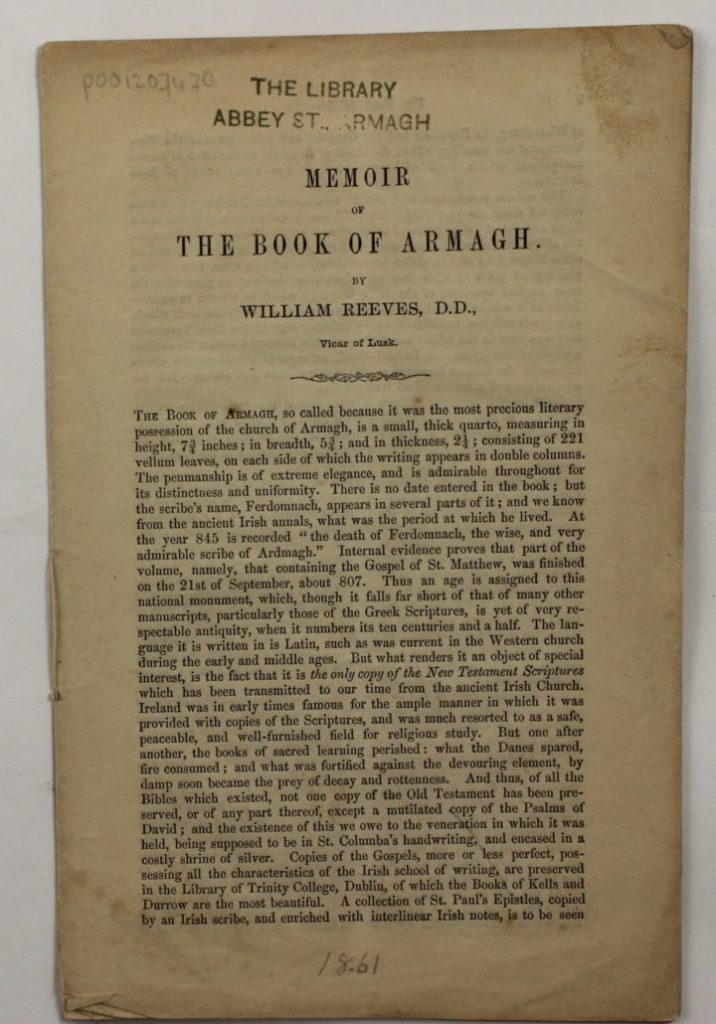 First page of Memoir of the Book of Armagh by William Reeves
