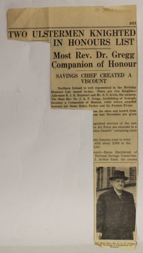 Newspaper cutting J.A.F. Gregg Companion of Honour