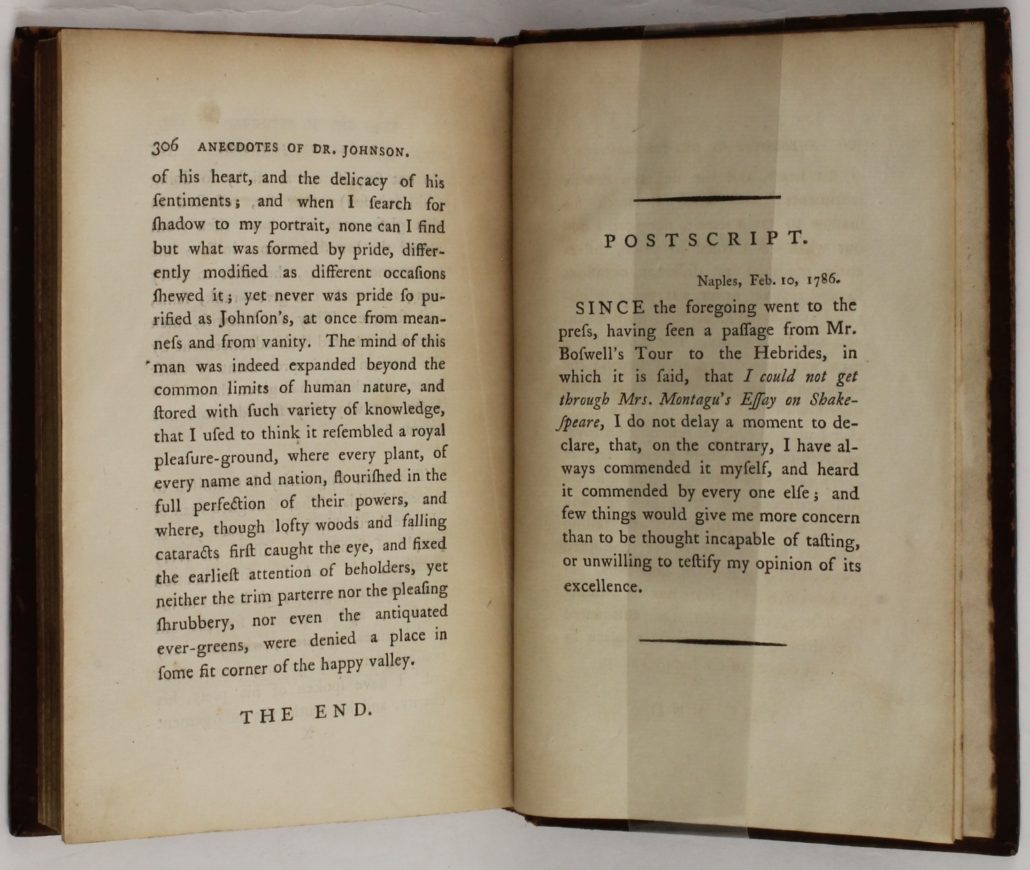 Postscript of of Anecdotes of the Late Samuel Johnson
