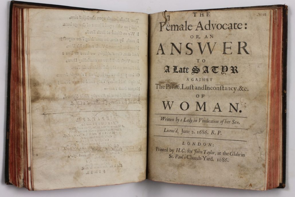 Title Page of The Female Advocate: or, an Answer to a Late Satyr against the Pride, Lust and Inconstancy, &c of Woman