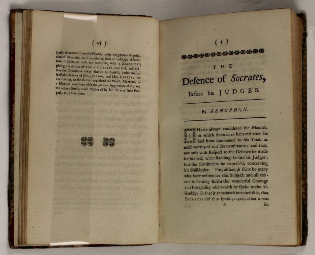 First page of The Defence of Socrates before his Judges at Armagh Robinson Library