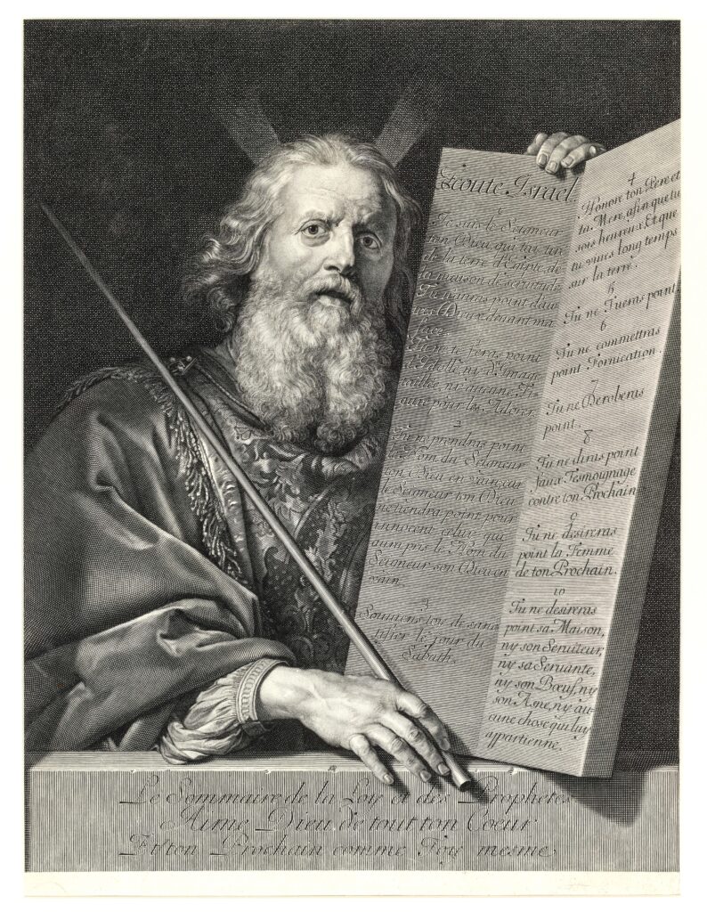 Moses, by Robert Nanteuil and Gerard Edelinck, engraving with face and hands completed