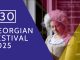 Banner with the date and name of the Georgian Festival 2025, including an image of a living history character "Ms Smith" in Georgian dress, wearing a wig and reading a book in the Long Room of Armagh Robinson Library.