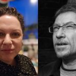 Two portraits of the speakers for National Poerty Day: a colour image of Wendy Sinnamon to the left, a balck-and-white image of Paul Jeffcut to the right.
