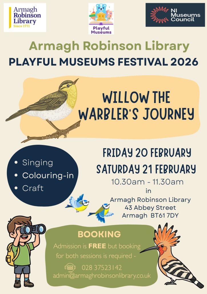 Flyer for 'Willow the Warbler's Journey', playful museums festival sessions for pre-school children and their carers.