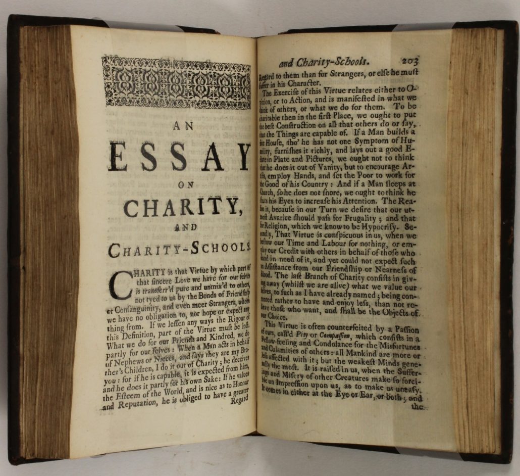 First pages of essay of charity in The Fable of the Bees or, Private vices, Publick Benefits. With an Essay on Charity and Charity – Schools and A Search in the Nature of Society